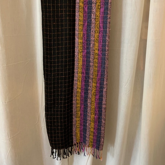 Priya Woven Fringe Shawl | Boho Striped Scarf Wrap | Black Mustard Plum Artisan - Picture 4 of 5